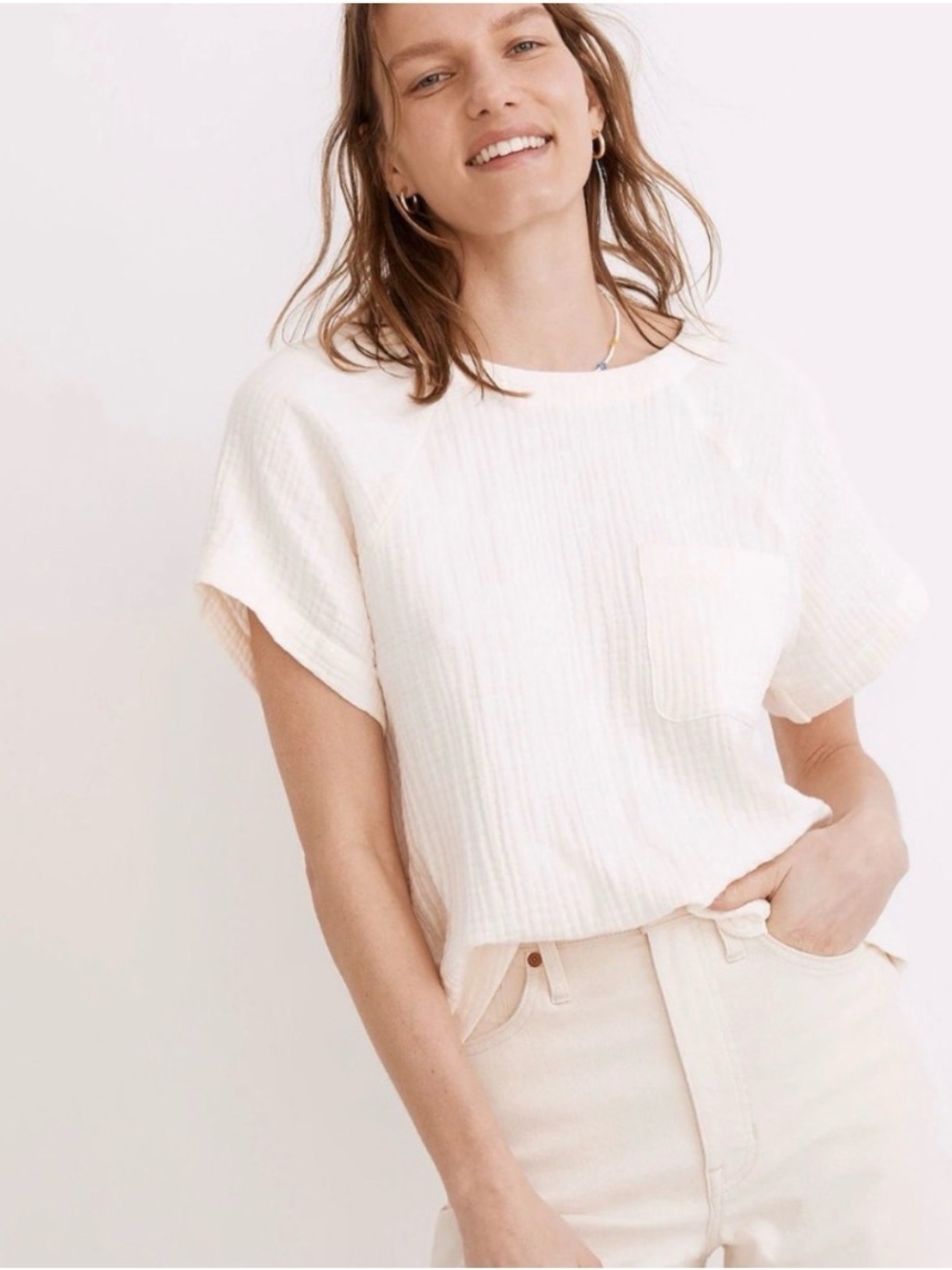 Madewell Ivory Short-Sleeve Linen/ Gauze Pocket Tee